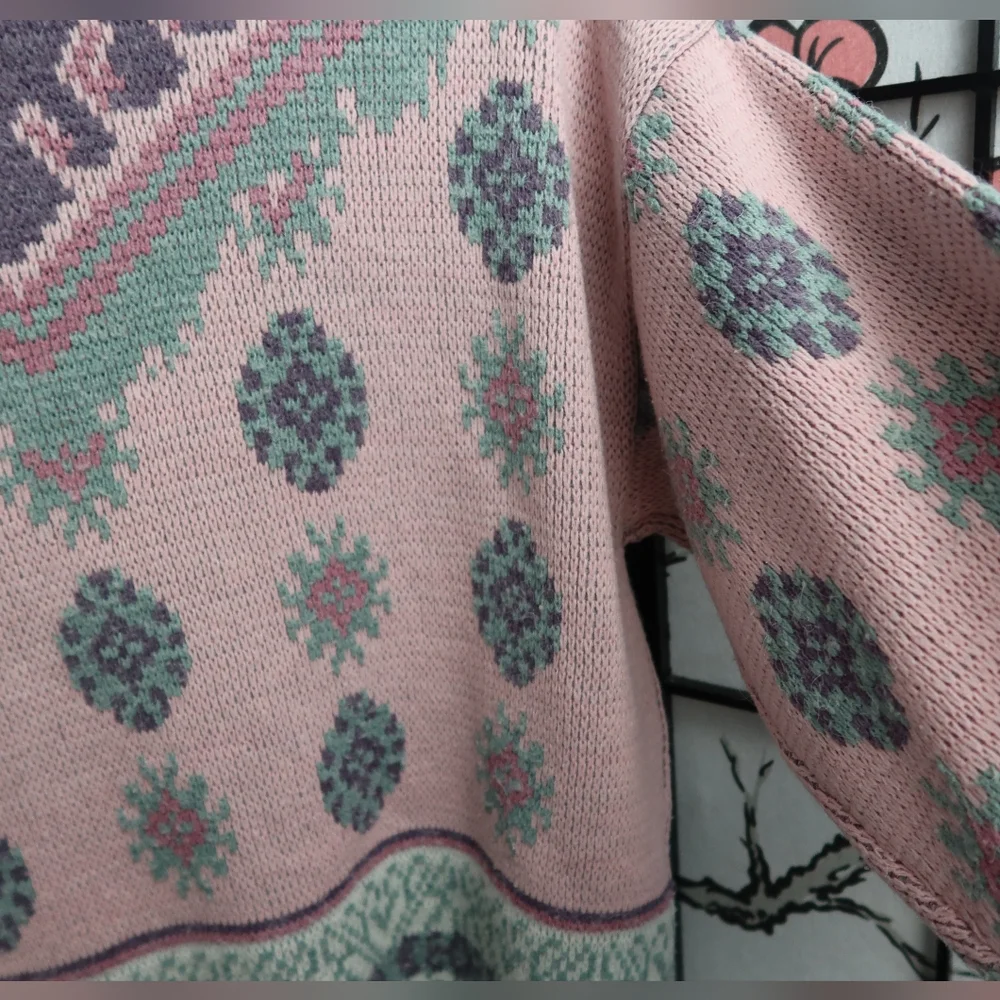 Vintage Pink Glam 80s Pink and Purple Fair Isle Mock Neck Sweater Size Medium